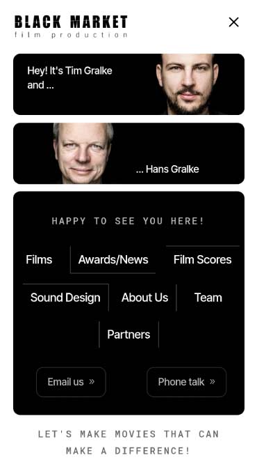 Mobiles Menü der Website des Film-Labels BLACK MARKET film production – individuelles Webdesign von GRALKE-MEDIA