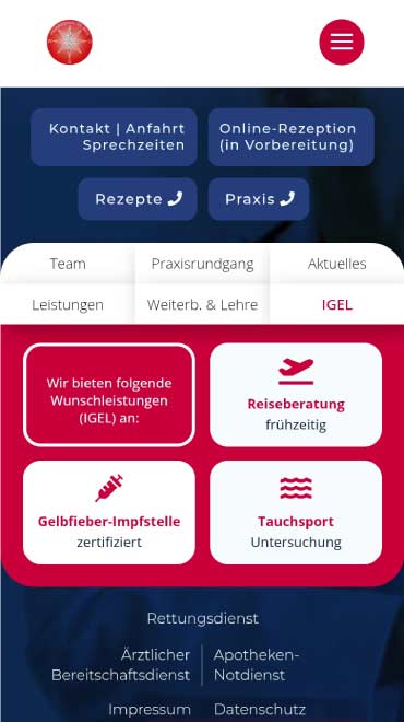 Mobiles Menü der Website der Hausarztpraxis Recklinghausen Nord – individuelles Webdesign von GRALKE-MEDIA